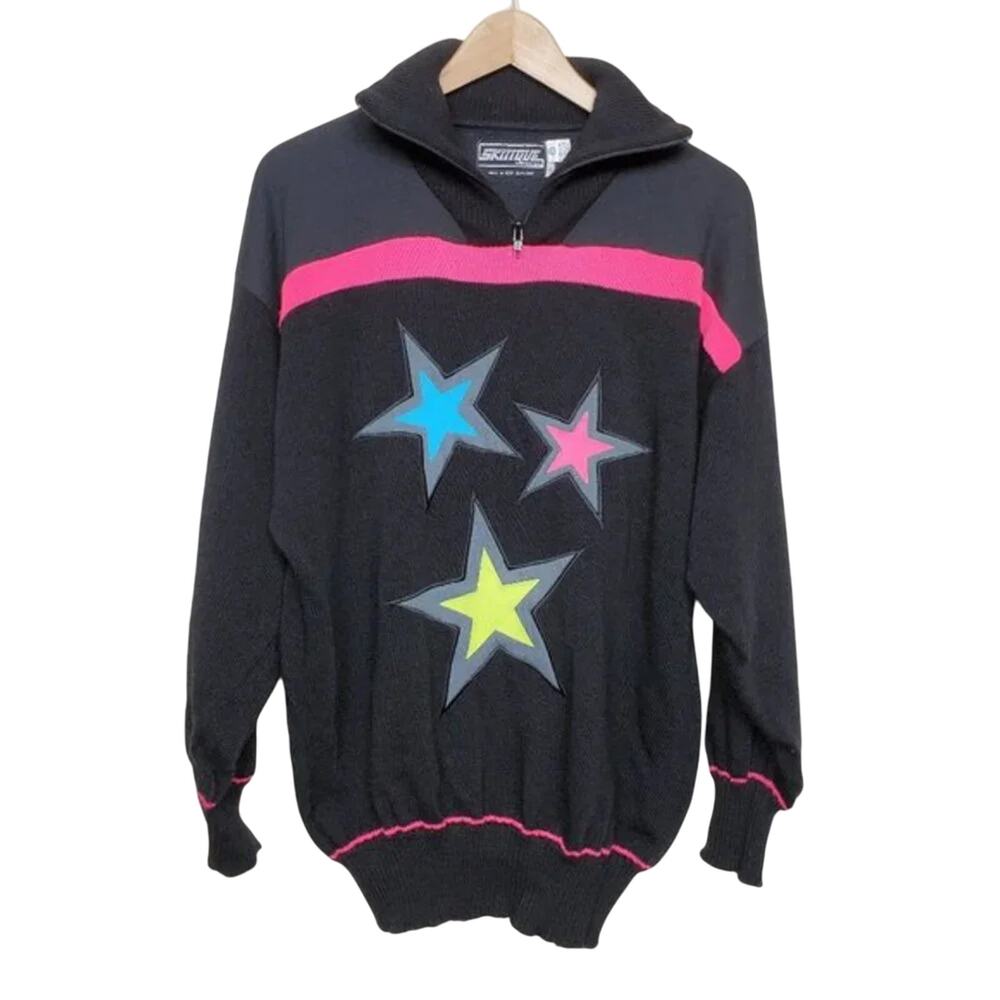 Skitique International Vintage Sweater Black Neon Stars Women Size S Wool Blend
